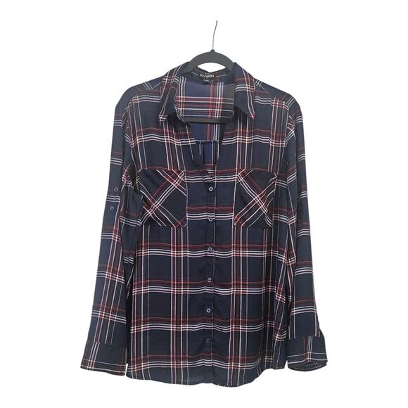 Express Tops - Express Womens XL Blouse Blue Plaid V-Neck Collar Roll Tab Sleeves Button-Up